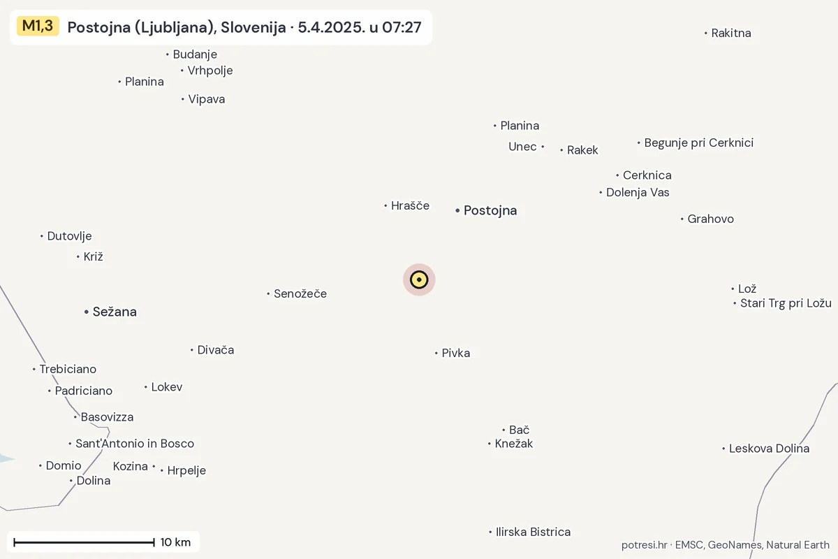 Karta: okolica epicentra, 60 km, potres M1,3, Postojna (Ljubljana), Slovenija, 5.4.2025.