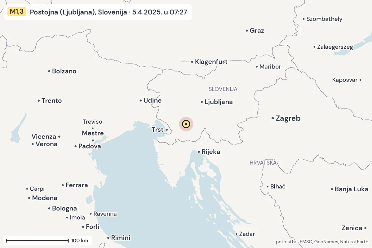 Karta: šire područje, 600 km, potres M1,3, Postojna (Ljubljana), Slovenija, 5.4.2025.