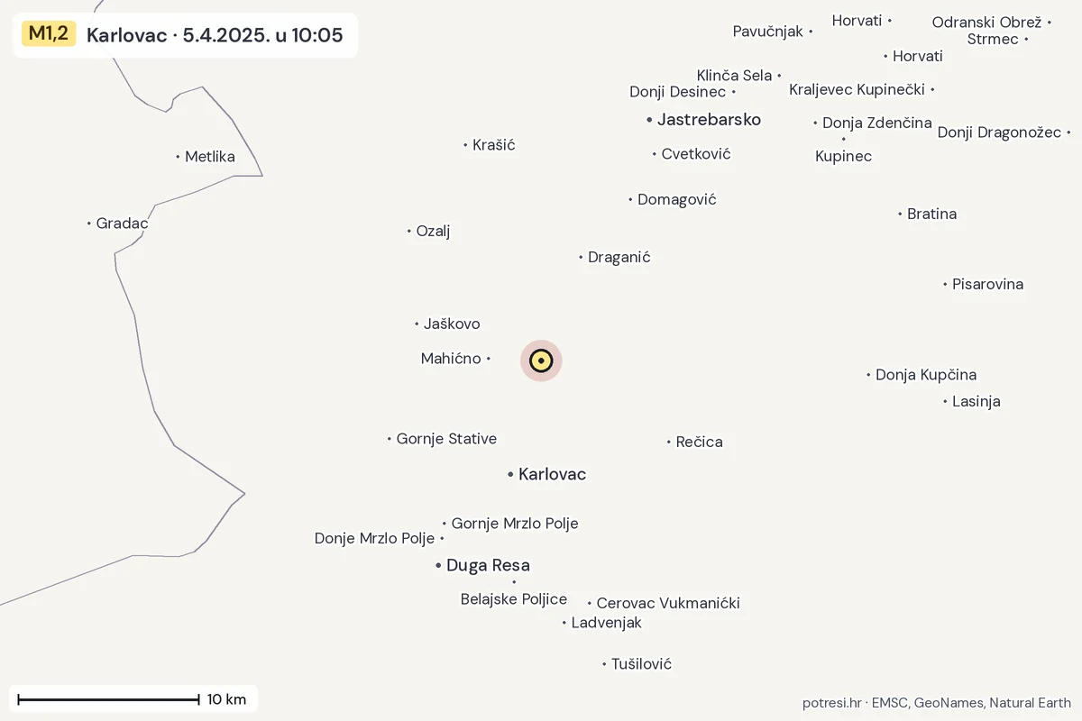 Karta: okolica epicentra, 60 km, potres M1,2, Karlovac, 5.4.2025.