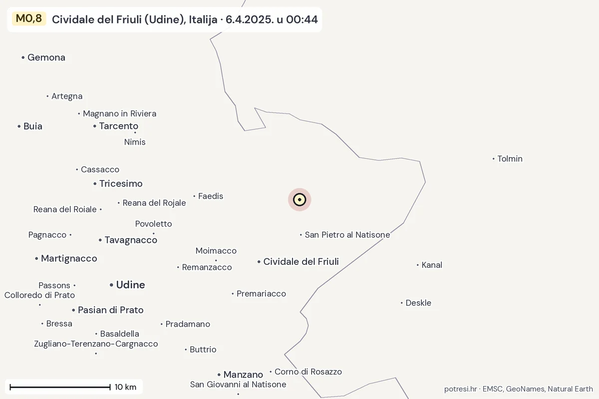 Karta: okolica epicentra, 60 km, potres M0,8, Cividale del Friuli (Udine), Italija, 6.4.2025.