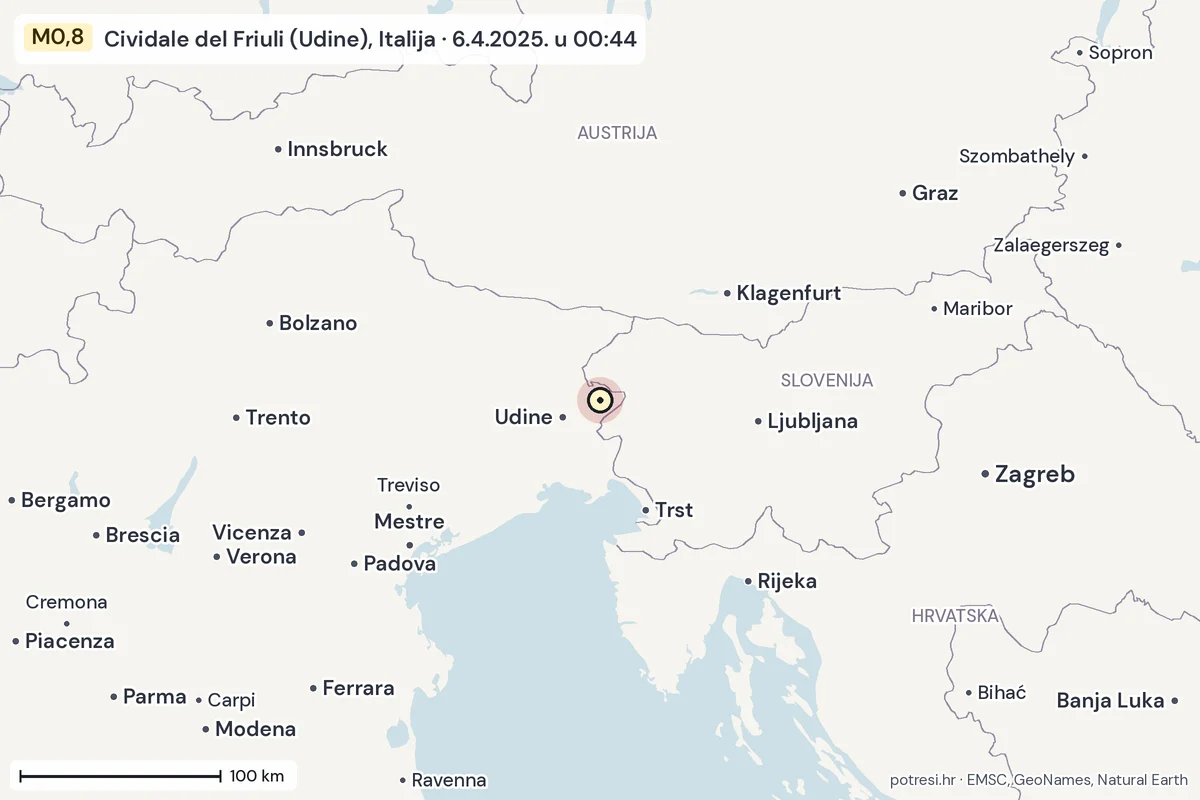 Karta: šire područje, 600 km, potres M0,8, Cividale del Friuli (Udine), Italija, 6.4.2025.