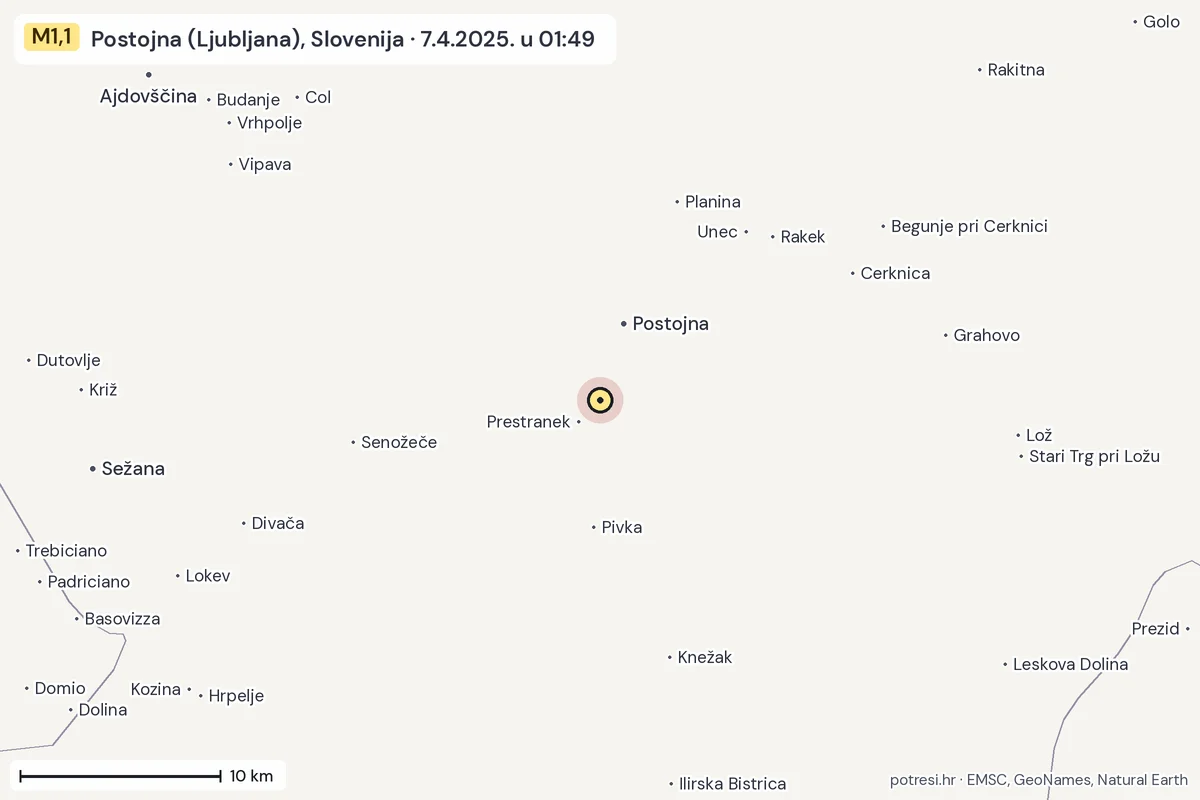 Karta: okolica epicentra, 60 km, potres M1,1, Postojna (Ljubljana), Slovenija, 7.4.2025.
