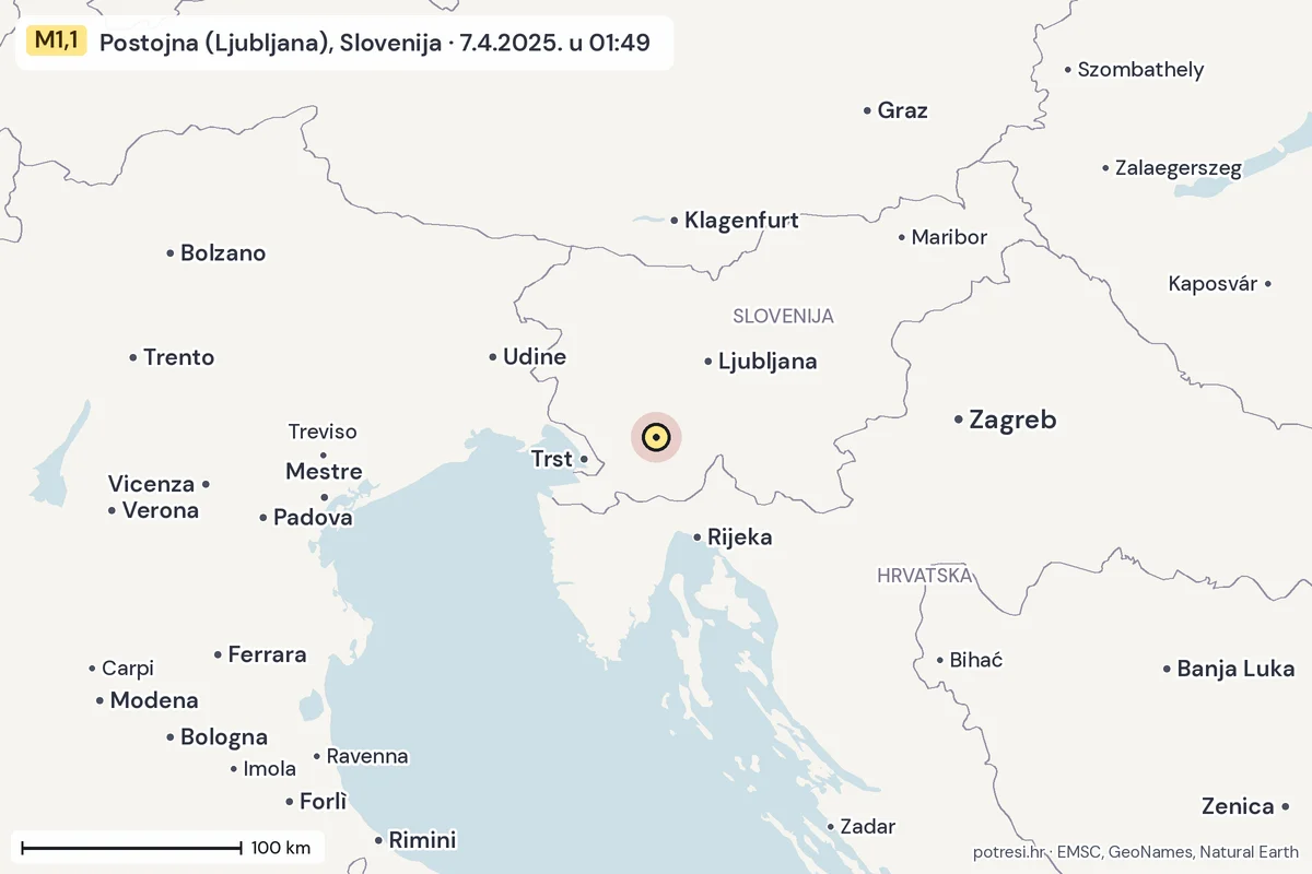 Karta: šire područje, 600 km, potres M1,1, Postojna (Ljubljana), Slovenija, 7.4.2025.