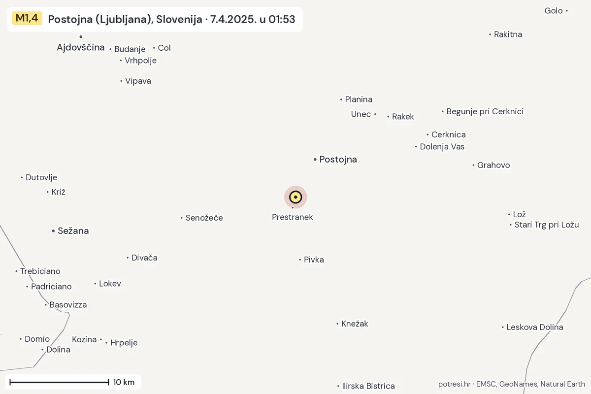 Karta: okolica epicentra, 60 km, potres M1,4, Postojna (Ljubljana), Slovenija, 7.4.2025.