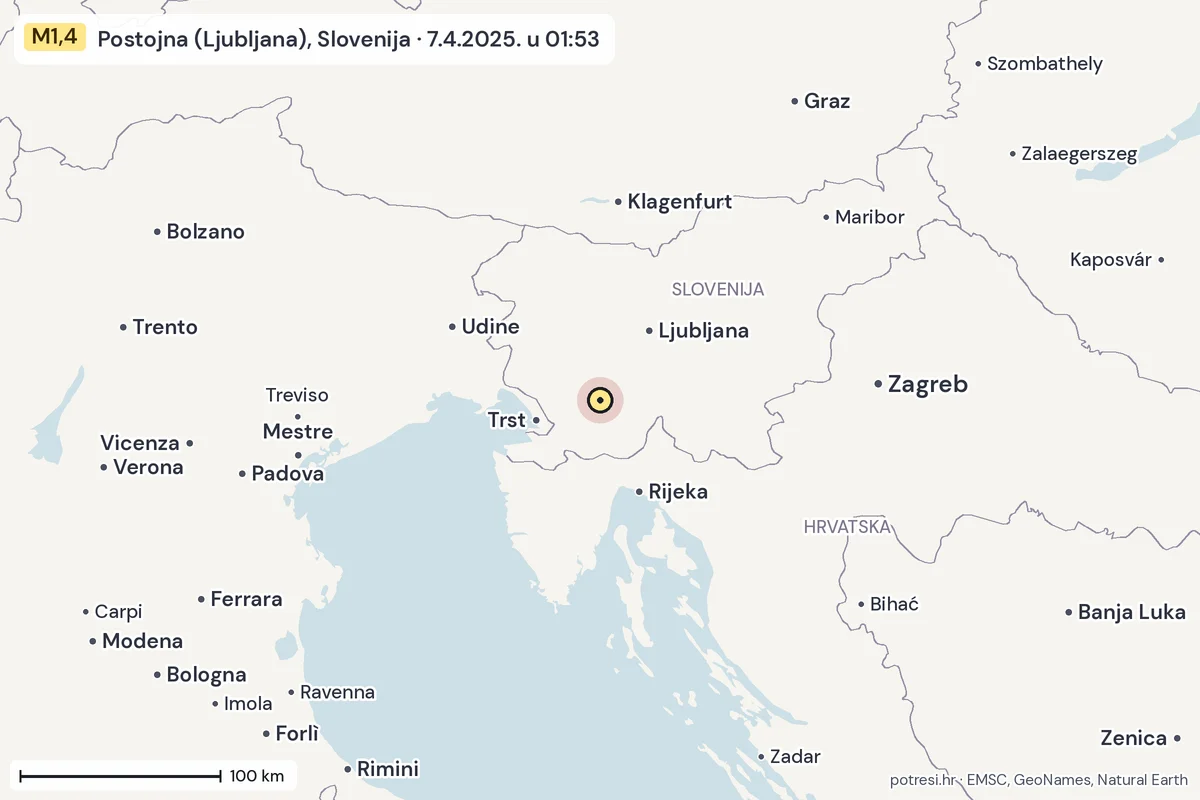 Karta: šire područje, 600 km, potres M1,4, Postojna (Ljubljana), Slovenija, 7.4.2025.