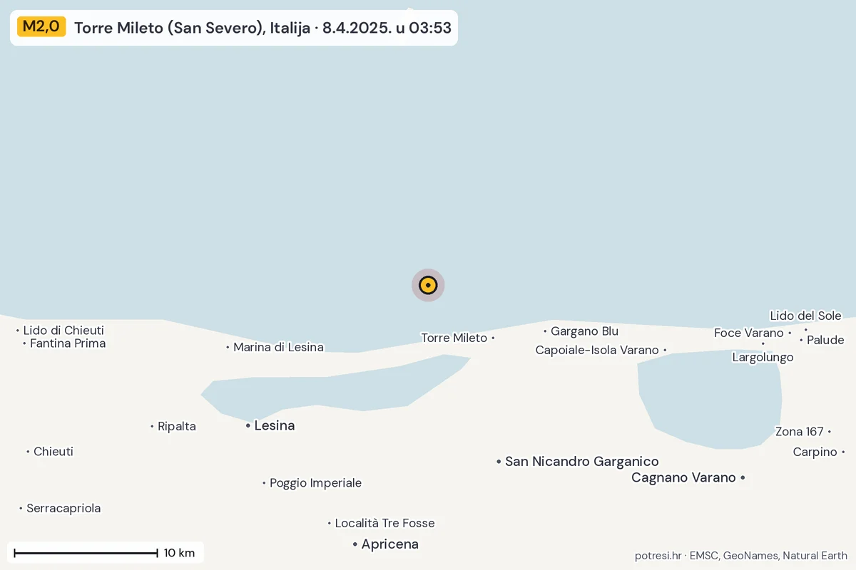 Karta: okolica epicentra, 60 km, potres M2,0, Torre Mileto (San Severo), Italija, 8.4.2025.