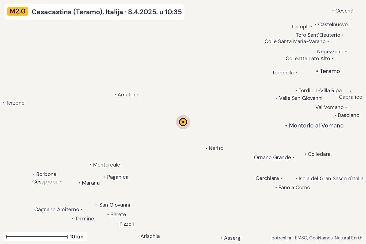 Karta: okolica epicentra, 60 km, potres M2,0, Cesacastina (Teramo), Italija, 8.4.2025.
