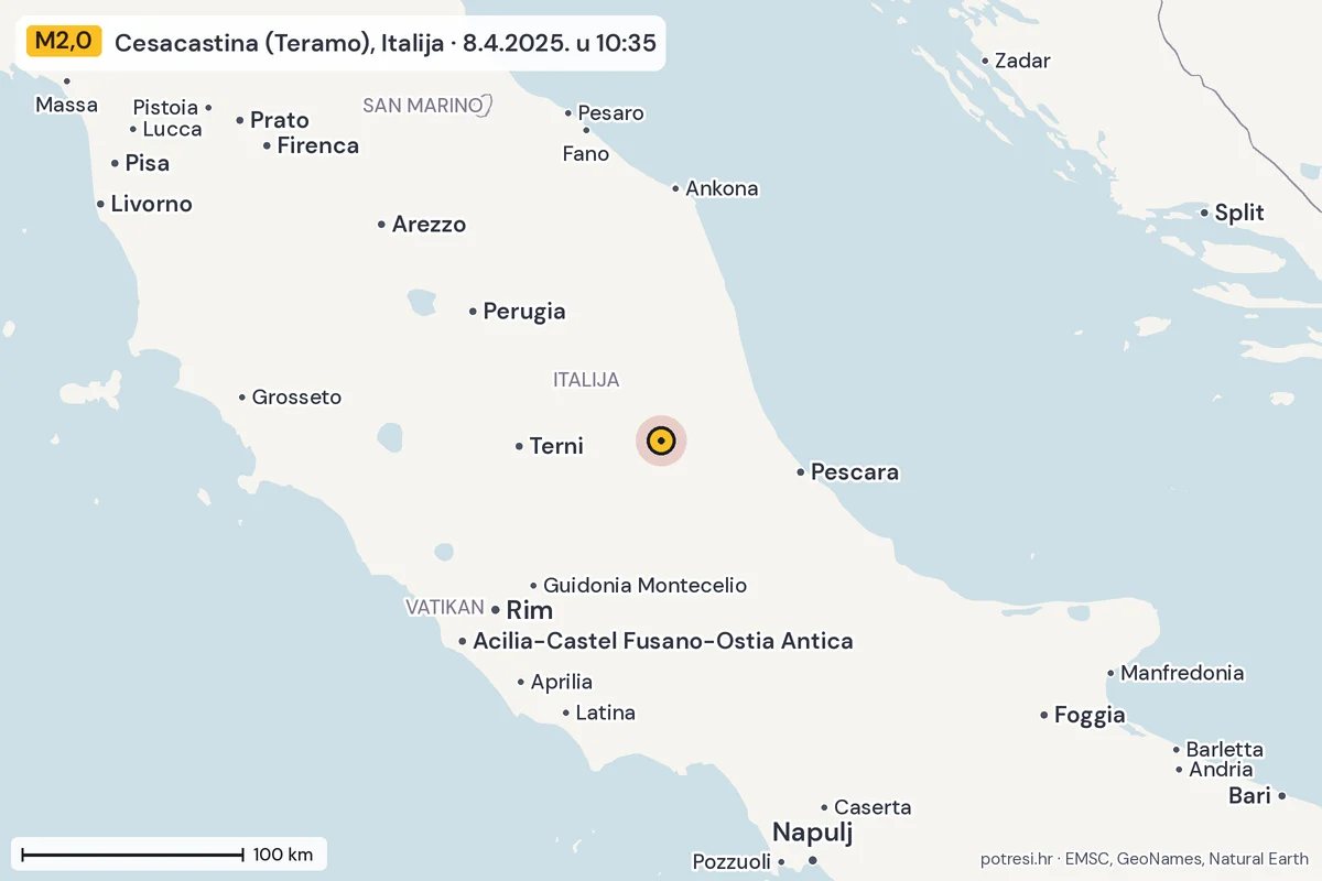 Karta: šire područje, 600 km, potres M2,0, Cesacastina (Teramo), Italija, 8.4.2025.