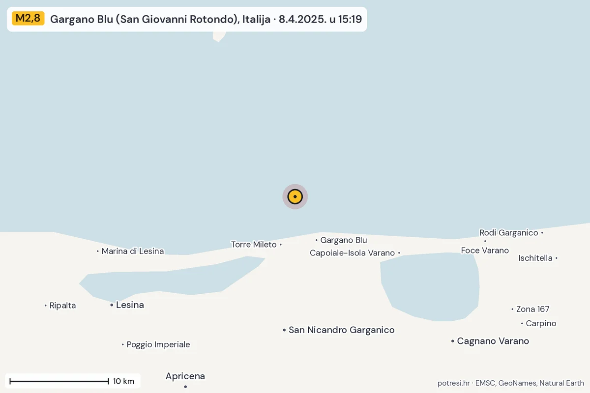 Karta: okolica epicentra, 60 km, potres M2,8, Gargano Blu (San Giovanni Rotondo), Italija, 8.4.2025.