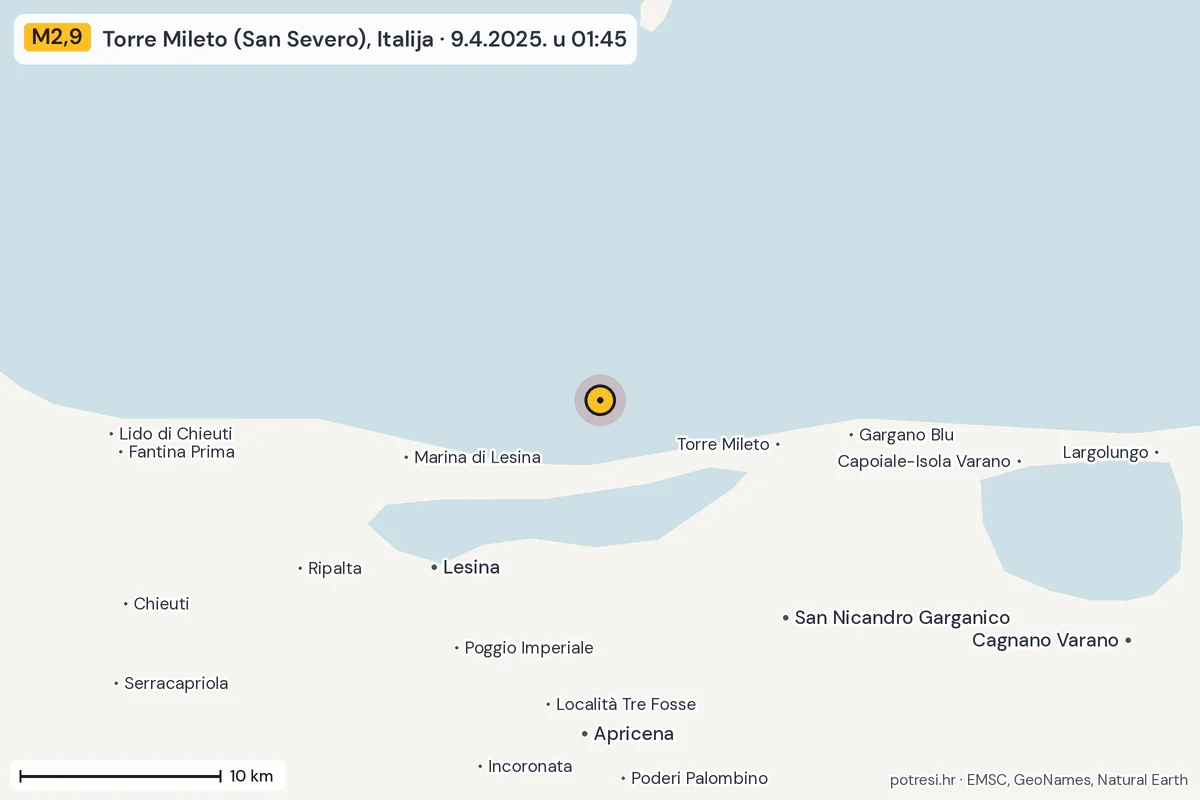 Karta: okolica epicentra, 60 km, potres M2,9, Torre Mileto (San Severo), Italija, 9.4.2025.