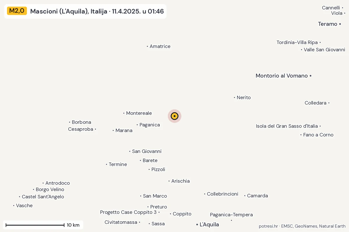 Karta: okolica epicentra, 60 km, potres M2,0, Mascioni (L'Aquila), Italija, 11.4.2025.