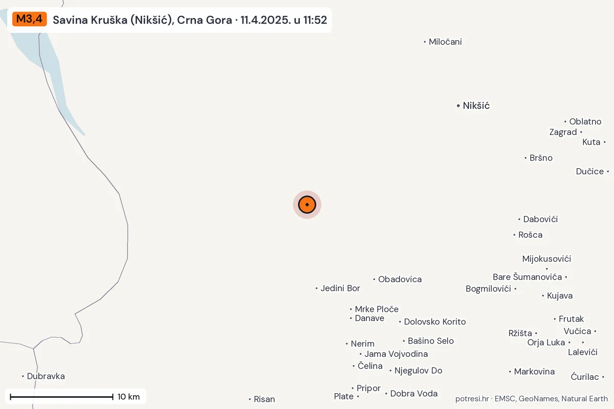 Karta: okolica epicentra, 60 km, potres M3,4, Savina Kruška (Nikšić), Crna Gora, 11.4.2025.