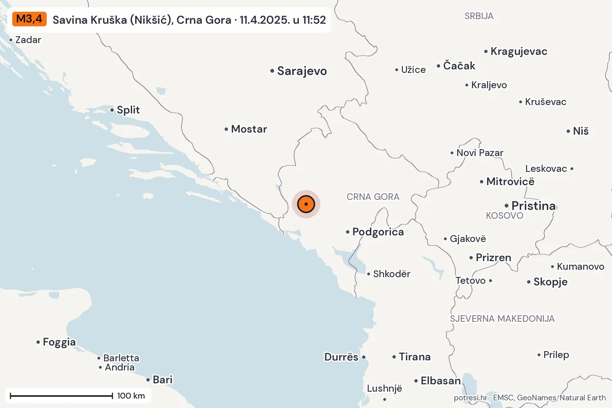 Karta: šire područje, 600 km, potres M3,4, Savina Kruška (Nikšić), Crna Gora, 11.4.2025.