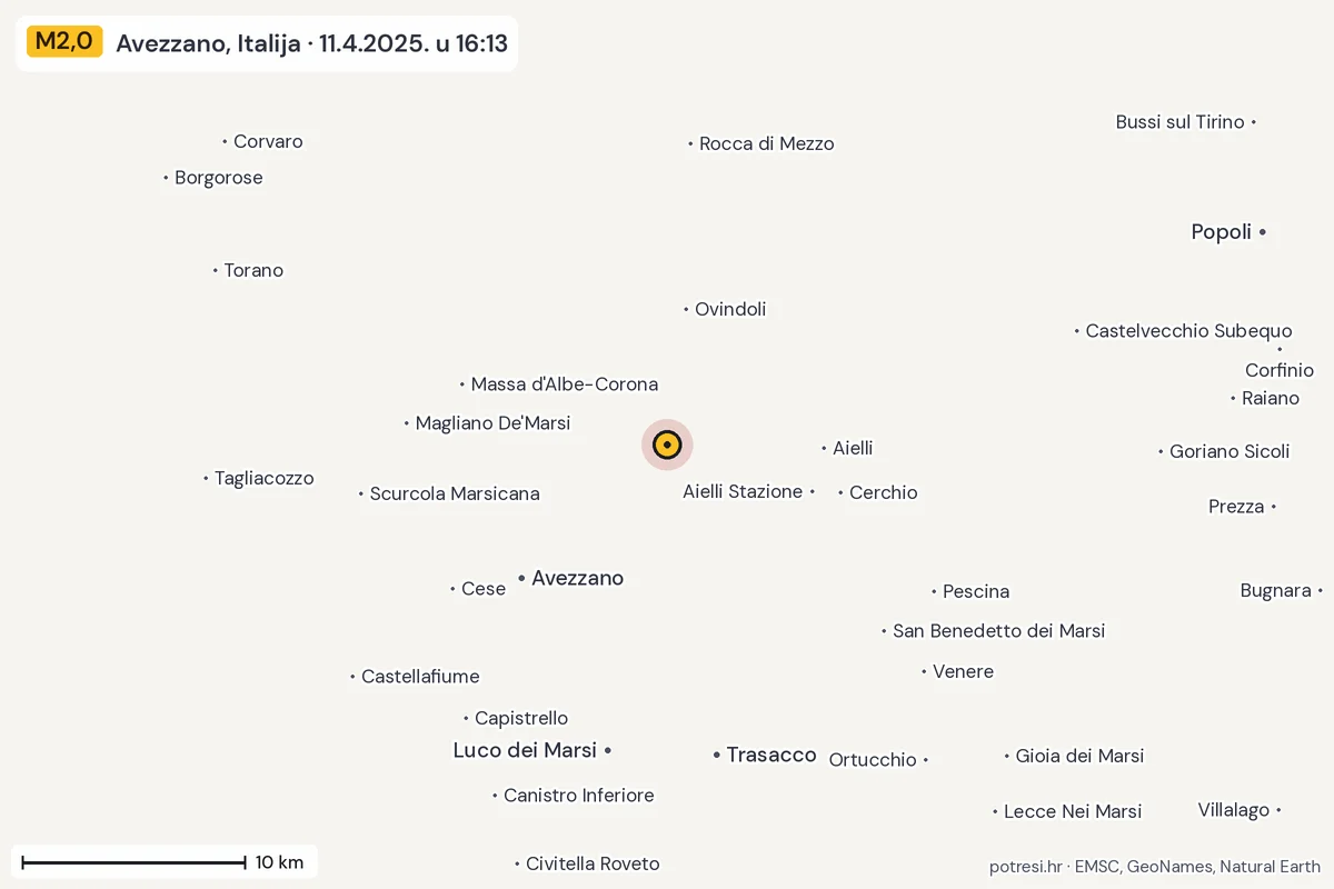 Karta: okolica epicentra, 60 km, potres M2,0, Avezzano, Italija, 11.4.2025.