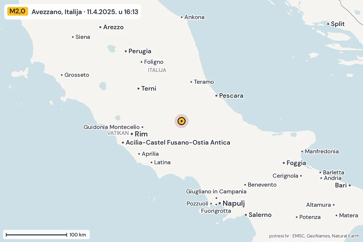 Karta: šire područje, 600 km, potres M2,0, Avezzano, Italija, 11.4.2025.