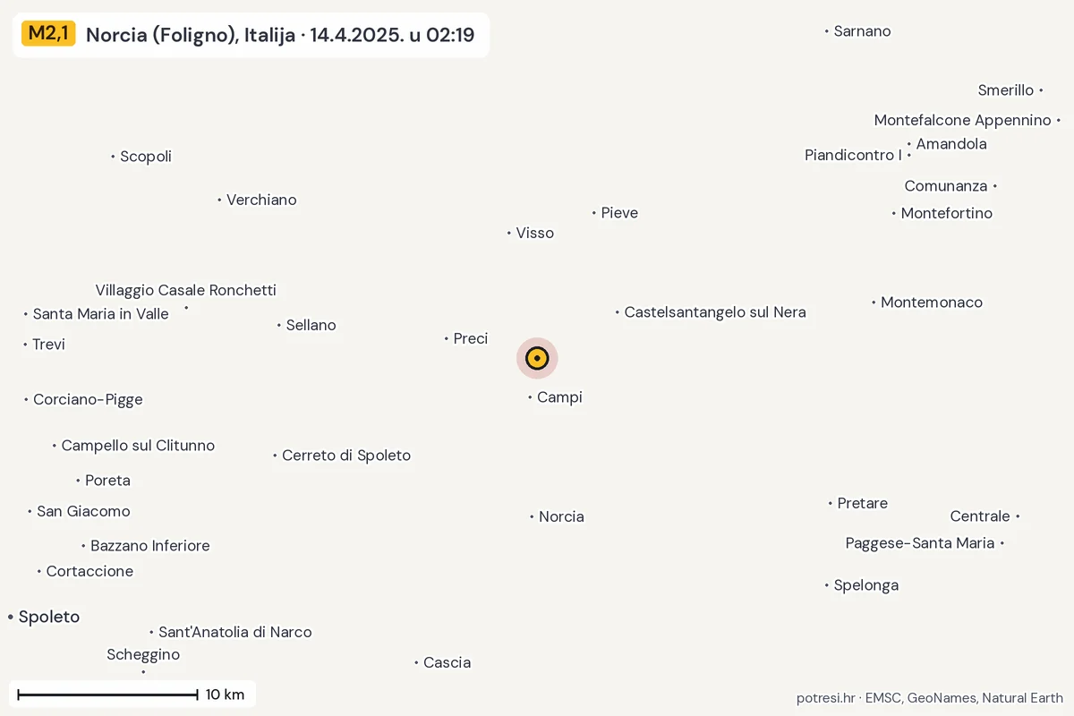 Karta: okolica epicentra, 60 km, potres M2,1, Norcia (Foligno), Italija, 14.4.2025.