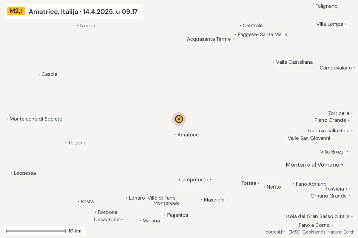 Karta: okolica epicentra, 60 km, potres M2,1, Amatrice, Italija, 14.4.2025.