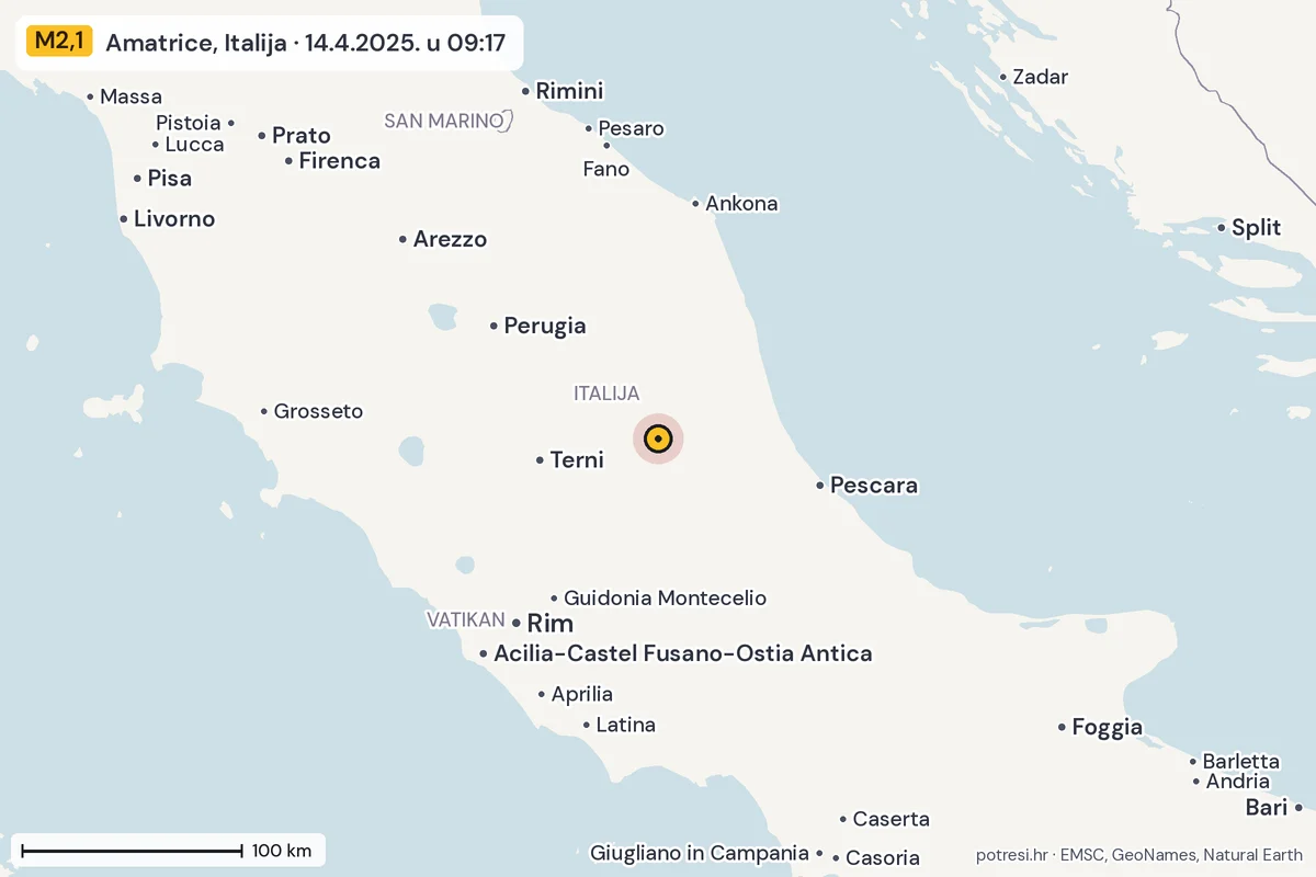 Karta: šire područje, 600 km, potres M2,1, Amatrice, Italija, 14.4.2025.