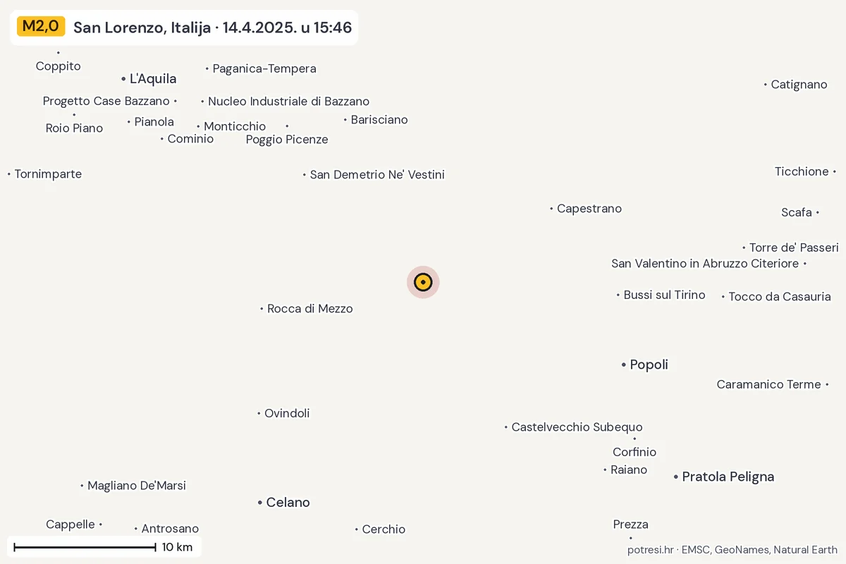 Karta: okolica epicentra, 60 km, potres M2,0, San Lorenzo, Italija, 14.4.2025.