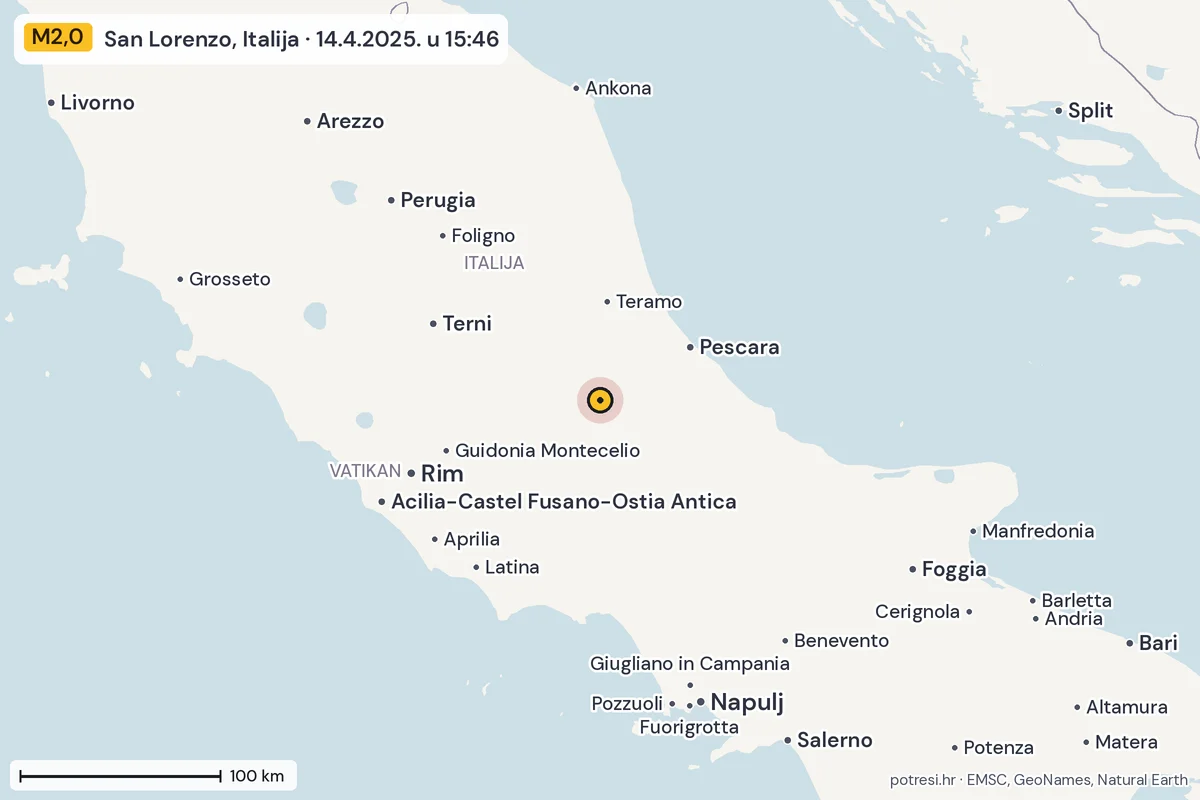 Karta: šire područje, 600 km, potres M2,0, San Lorenzo, Italija, 14.4.2025.