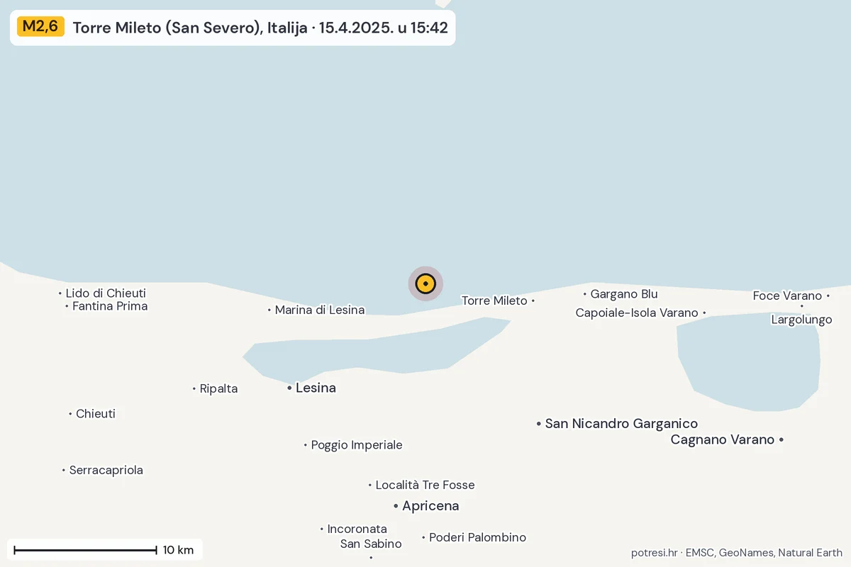 Karta: okolica epicentra, 60 km, potres M2,6, Torre Mileto (San Severo), Italija, 15.4.2025.