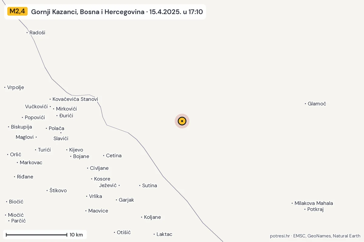 Karta: okolica epicentra, 60 km, potres M2,4, Gornji Kazanci, Bosna i Hercegovina, 15.4.2025.