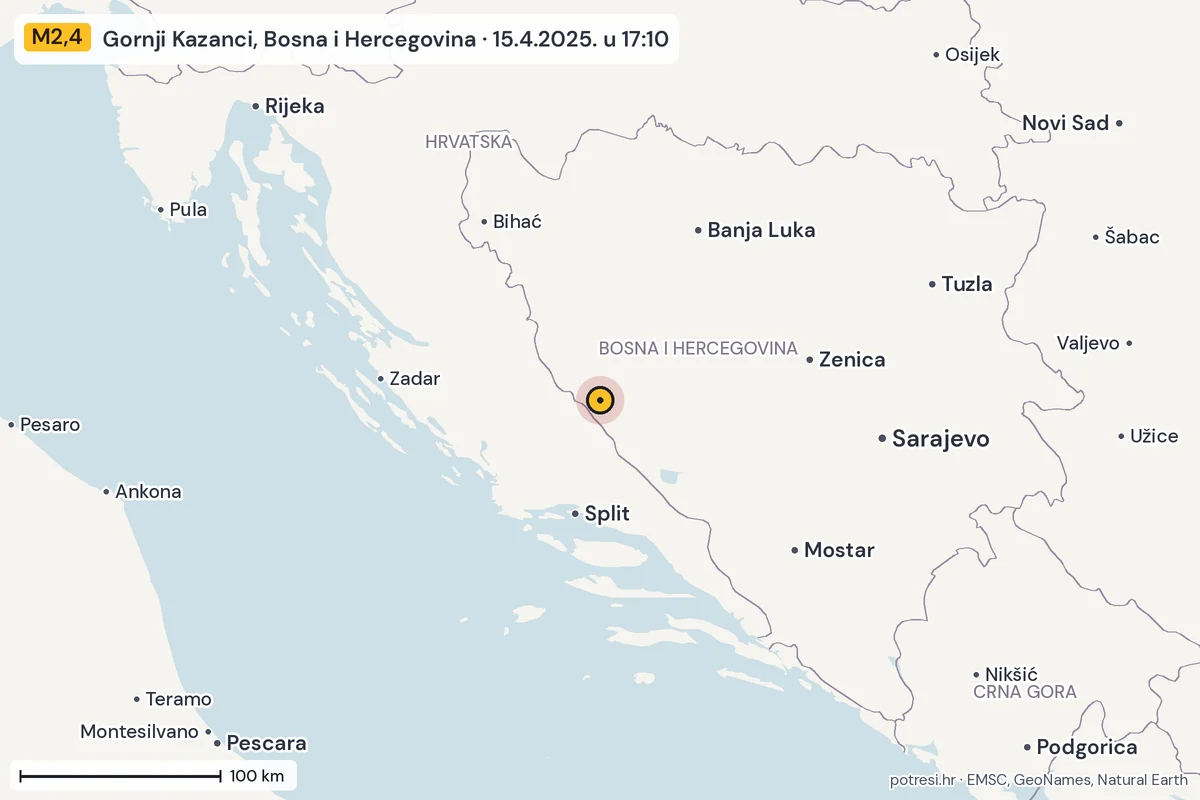Karta: šire područje, 600 km, potres M2,4, Gornji Kazanci, Bosna i Hercegovina, 15.4.2025.