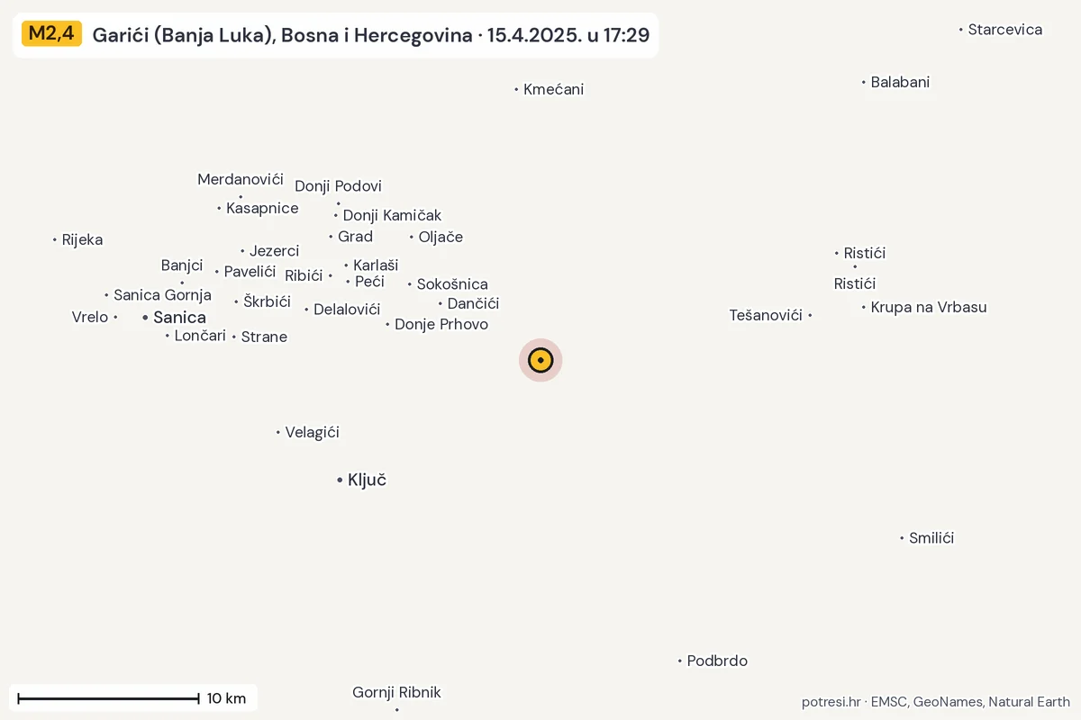 Karta: okolica epicentra, 60 km, potres M2,4, Garići (Banja Luka), Bosna i Hercegovina, 15.4.2025.