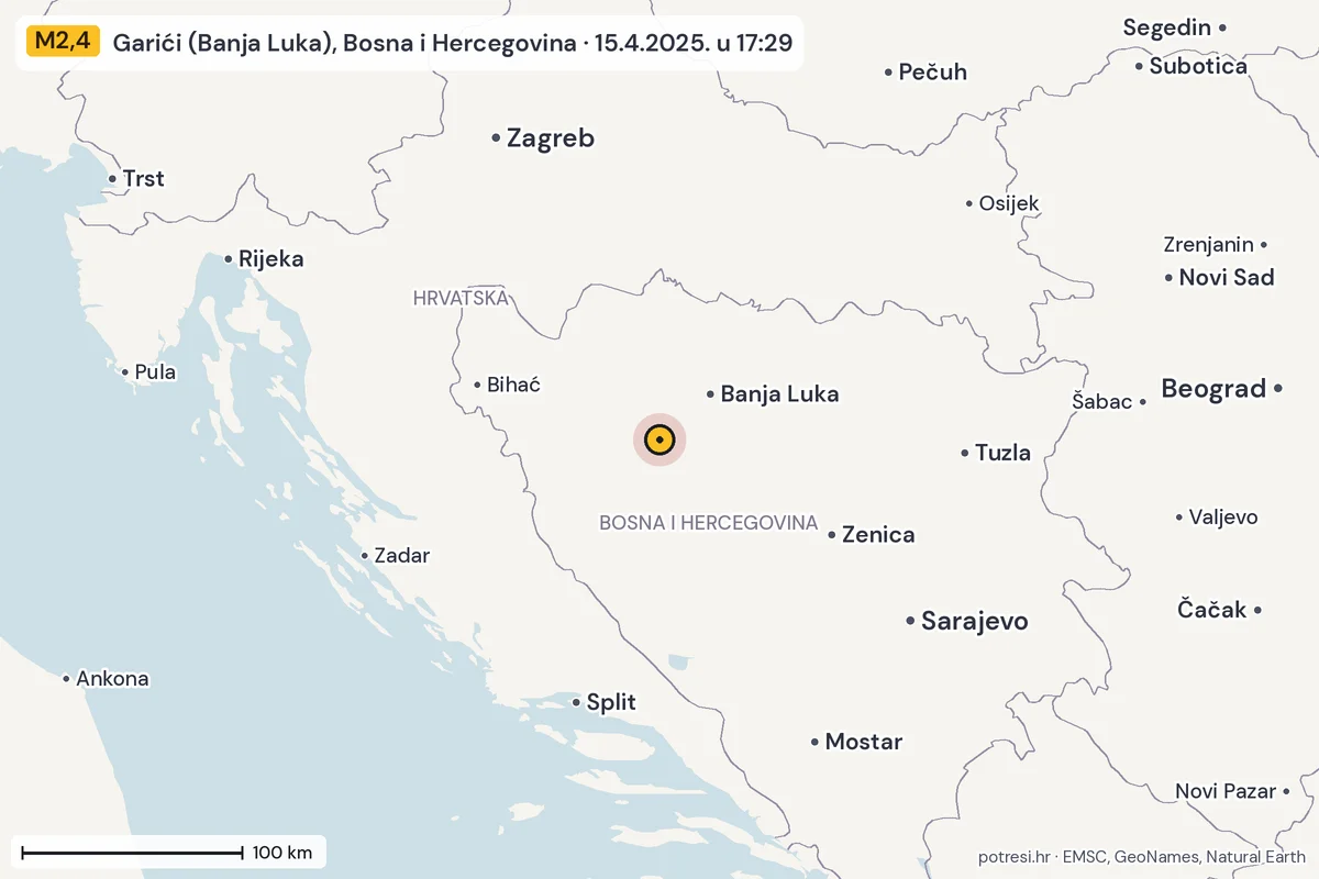 Karta: šire područje, 600 km, potres M2,4, Garići (Banja Luka), Bosna i Hercegovina, 15.4.2025.