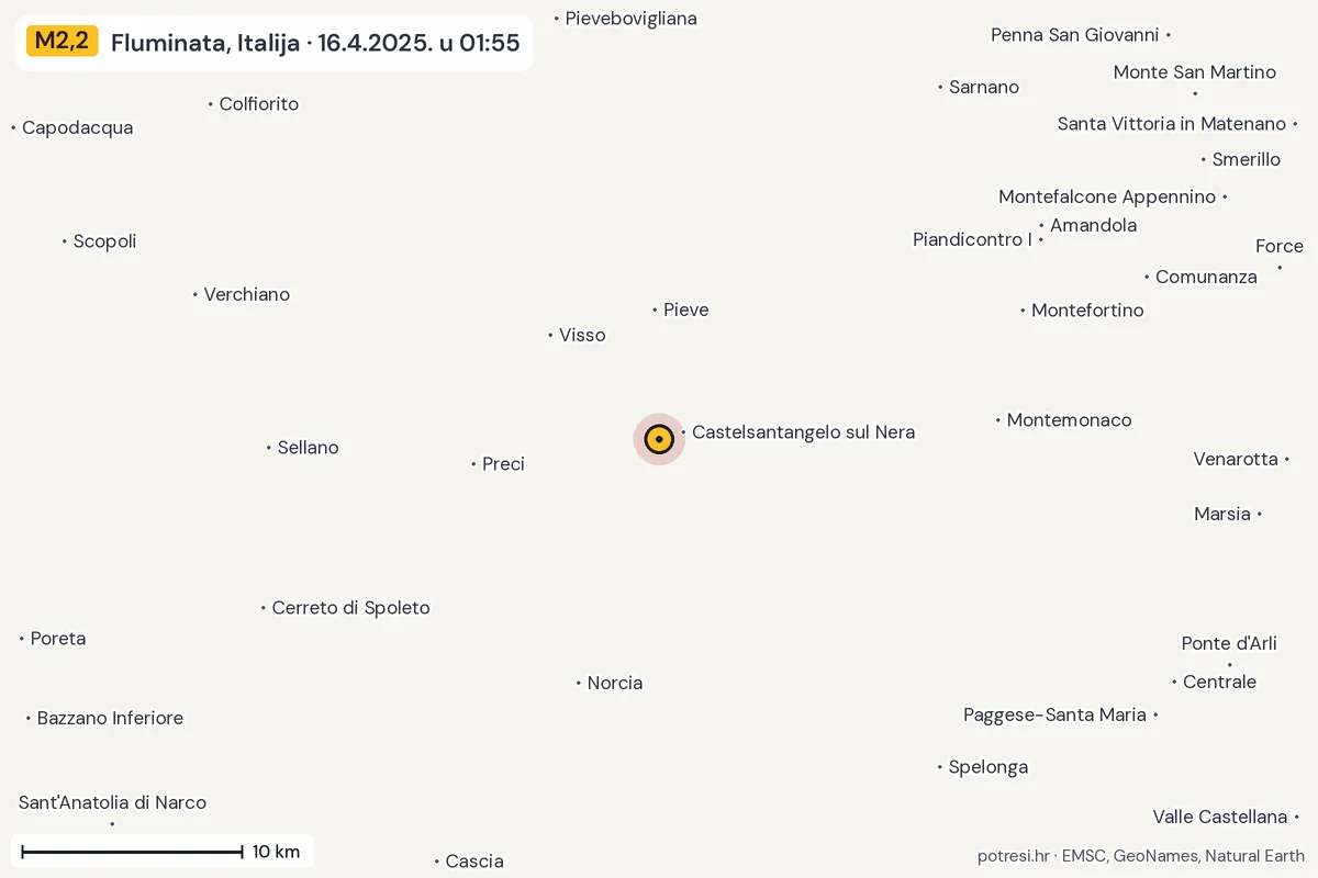 Karta: okolica epicentra, 60 km, potres M2,2, Fluminata, Italija, 16.4.2025.