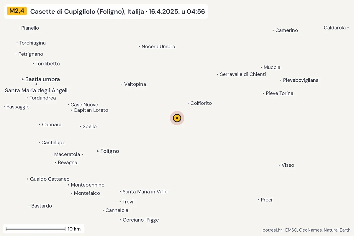 Karta: okolica epicentra, 60 km, potres M2,4, Casette di Cupigliolo (Foligno), Italija, 16.4.2025.