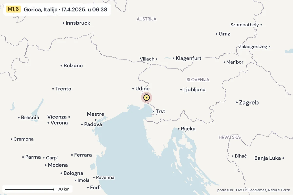 Karta: šire područje, 600 km, potres M1,6, Gorica, Italija, 17.4.2025.