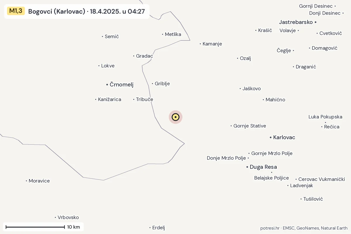 Karta: okolica epicentra, 60 km, potres M1,3, Bogovci (Karlovac), 18.4.2025.