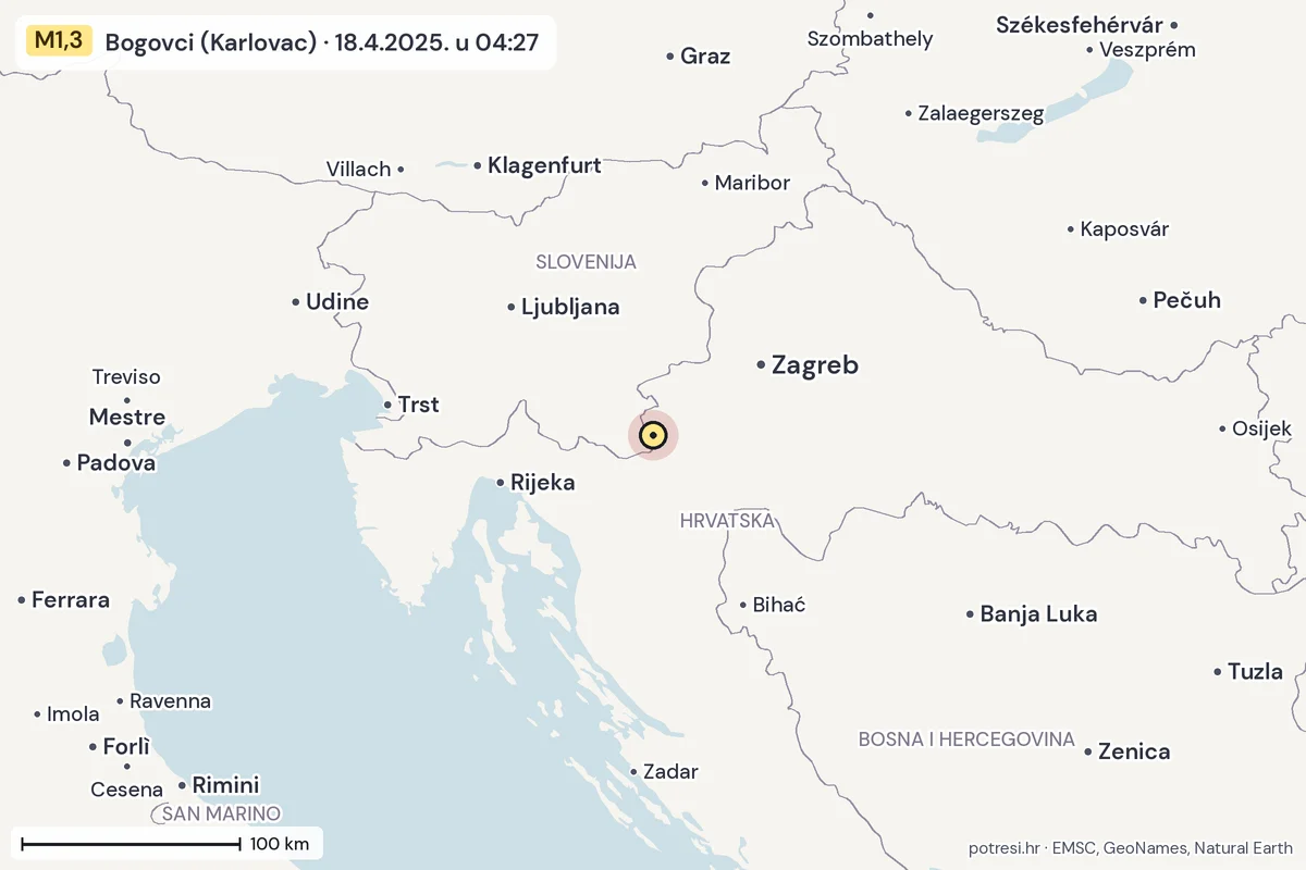 Karta: šire područje, 600 km, potres M1,3, Bogovci (Karlovac), 18.4.2025.
