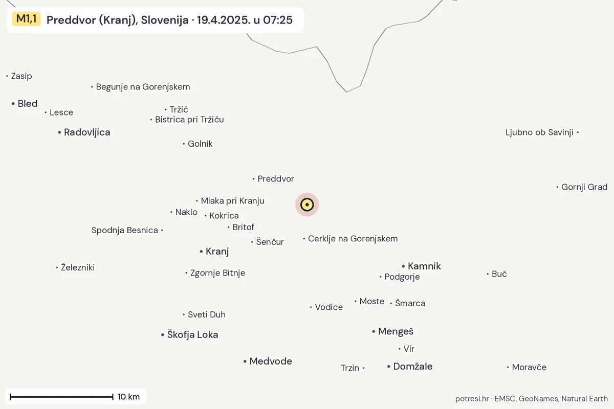 Karta: okolica epicentra, 60 km, potres M1,1, Preddvor (Kranj), Slovenija, 19.4.2025.