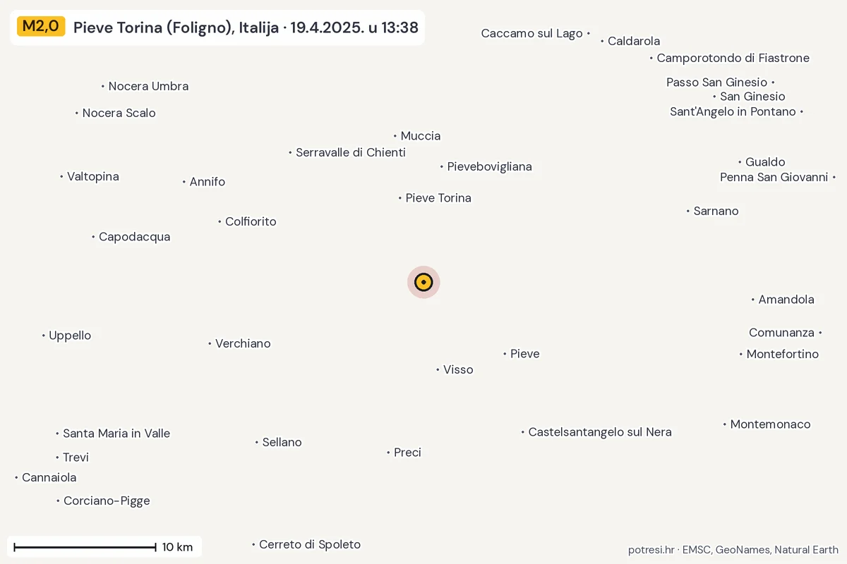 Karta: okolica epicentra, 60 km, potres M2,0, Pieve Torina (Foligno), Italija, 19.4.2025.