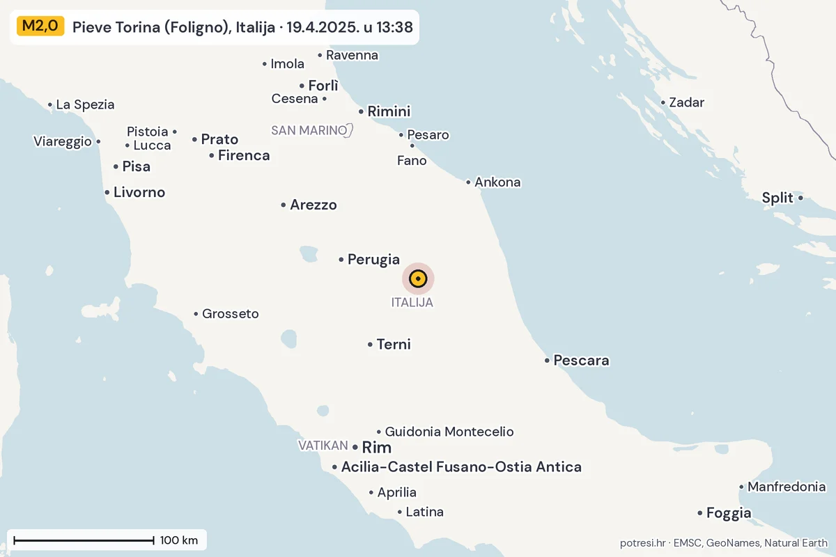 Karta: šire područje, 600 km, potres M2,0, Pieve Torina (Foligno), Italija, 19.4.2025.