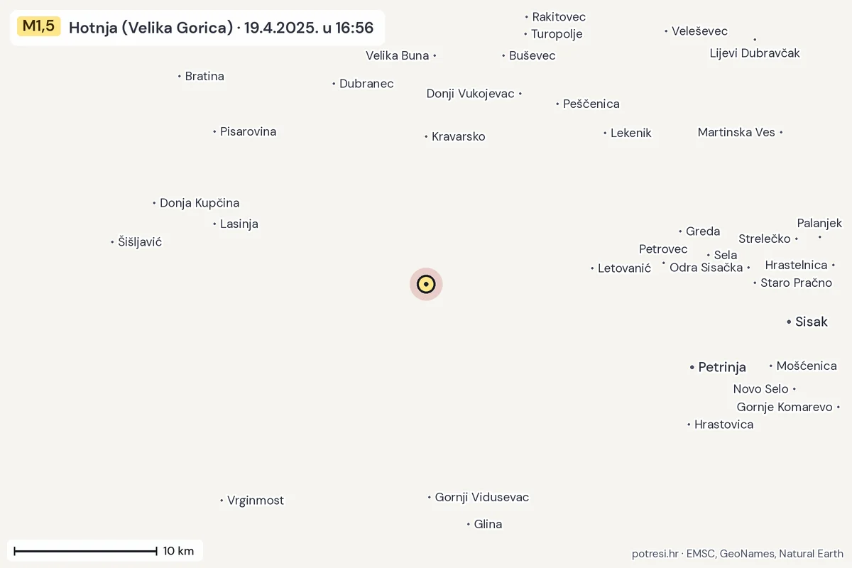 Karta: okolica epicentra, 60 km, potres M1,5, Hotnja (Velika Gorica), 19.4.2025.