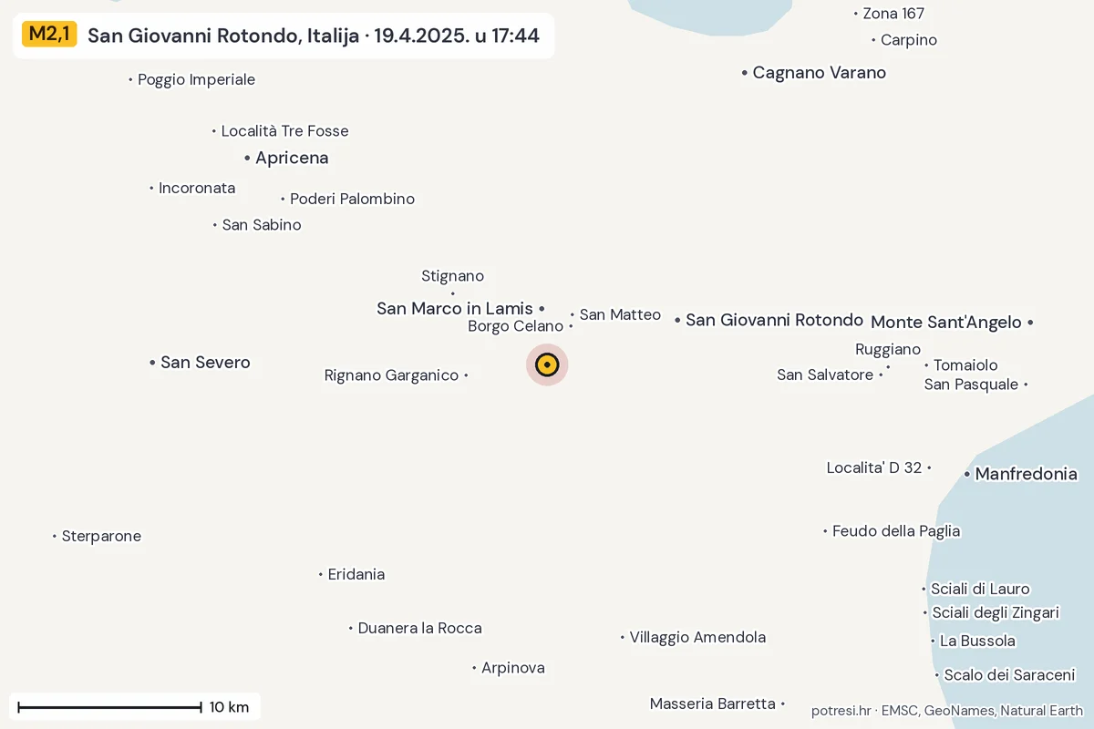 Karta: okolica epicentra, 60 km, potres M2,1, San Giovanni Rotondo, Italija, 19.4.2025.