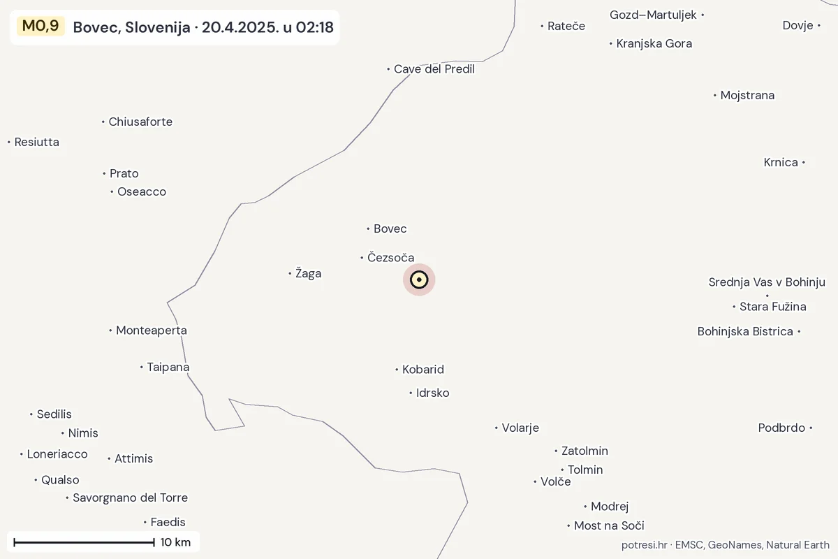 Karta: okolica epicentra, 60 km, potres M0,9, Bovec, Slovenija, 20.4.2025.
