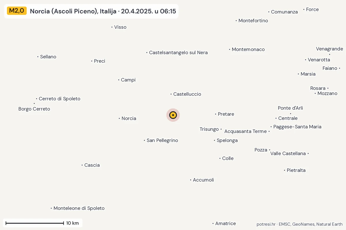 Karta: okolica epicentra, 60 km, potres M2,0, Norcia (Ascoli Piceno), Italija, 20.4.2025.