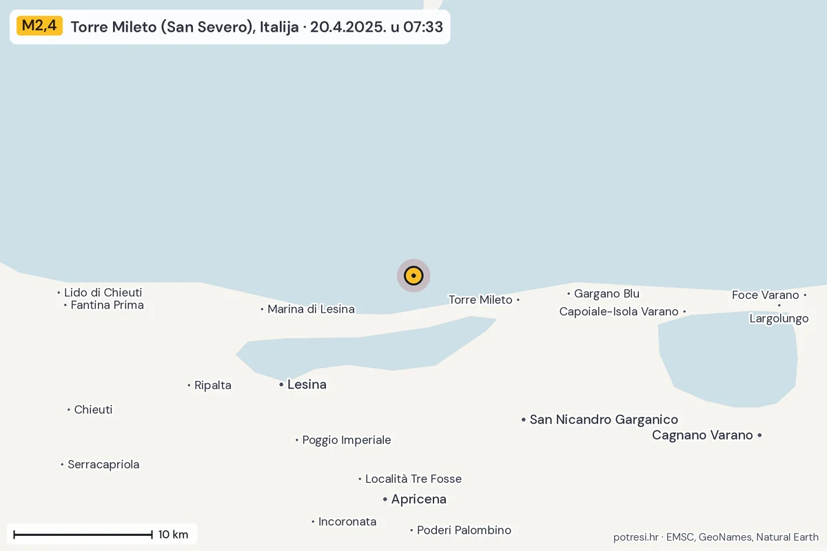Karta: okolica epicentra, 60 km, potres M2,4, Torre Mileto (San Severo), Italija, 20.4.2025.
