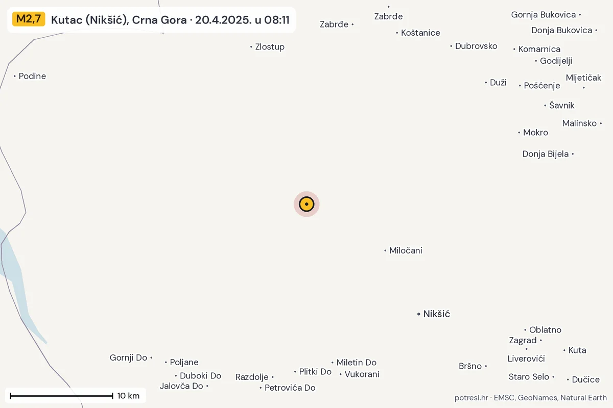 Karta: okolica epicentra, 60 km, potres M2,7, Kutac (Nikšić), Crna Gora, 20.4.2025.