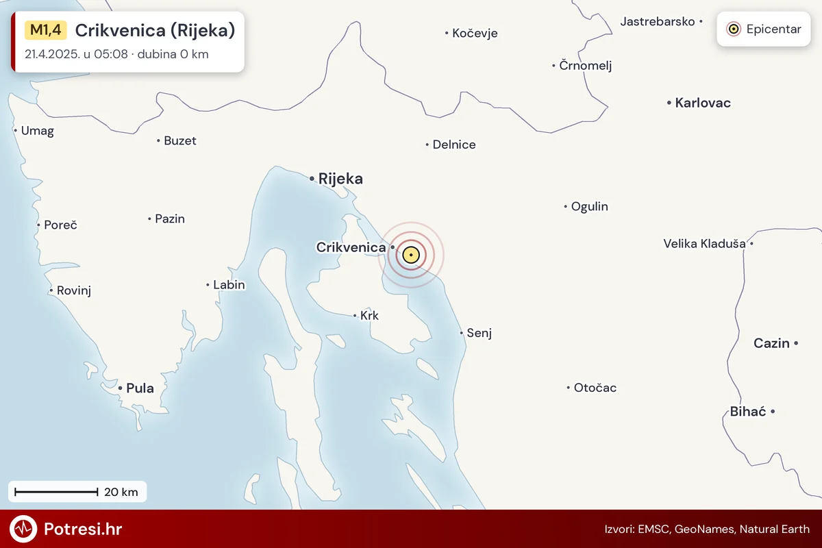 Karta: šire područje i vjerojatni doseg osjeta, potres M1,4, Crikvenica (Rijeka), 21.4.2025.