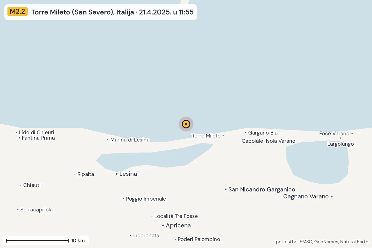 Karta: okolica epicentra, 60 km, potres M2,2, Torre Mileto (San Severo), Italija, 21.4.2025.