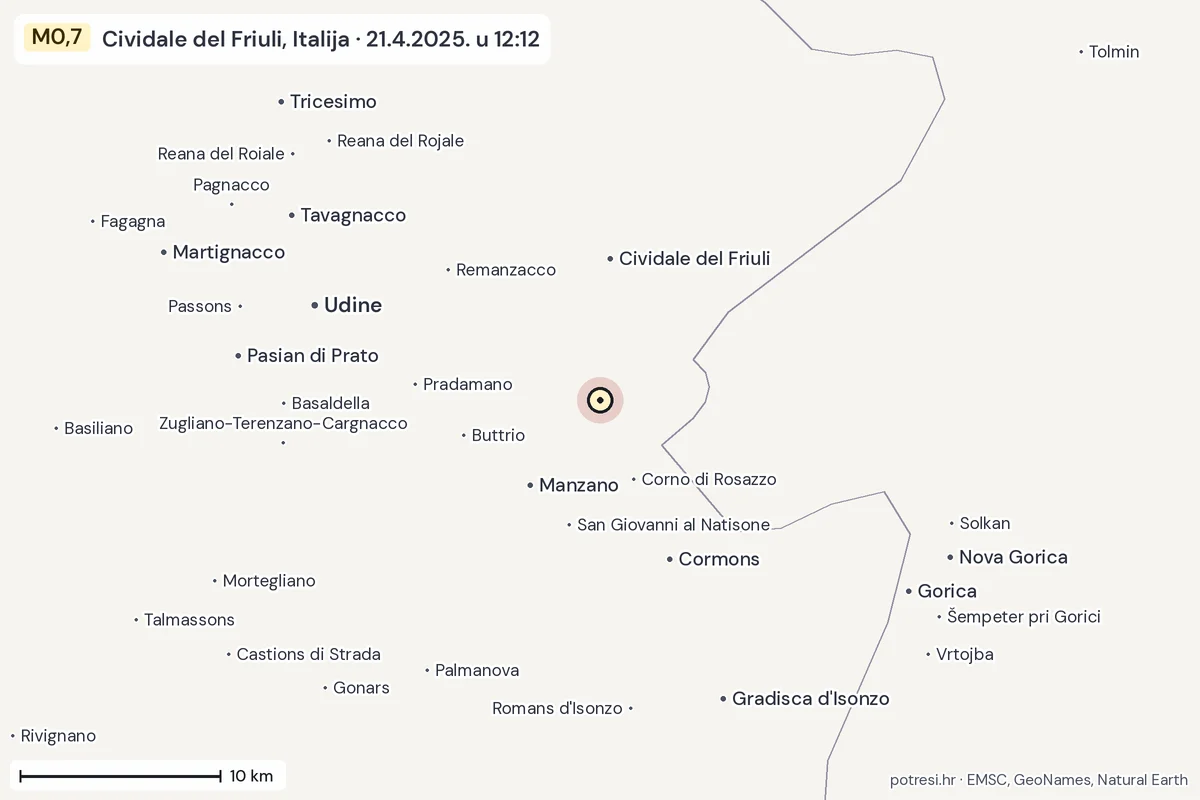 Karta: okolica epicentra, 60 km, potres M0,7, Cividale del Friuli, Italija, 21.4.2025.