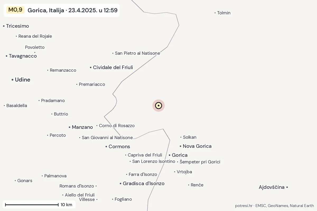 Karta: okolica epicentra, 60 km, potres M0,9, Gorica, Italija, 23.4.2025.