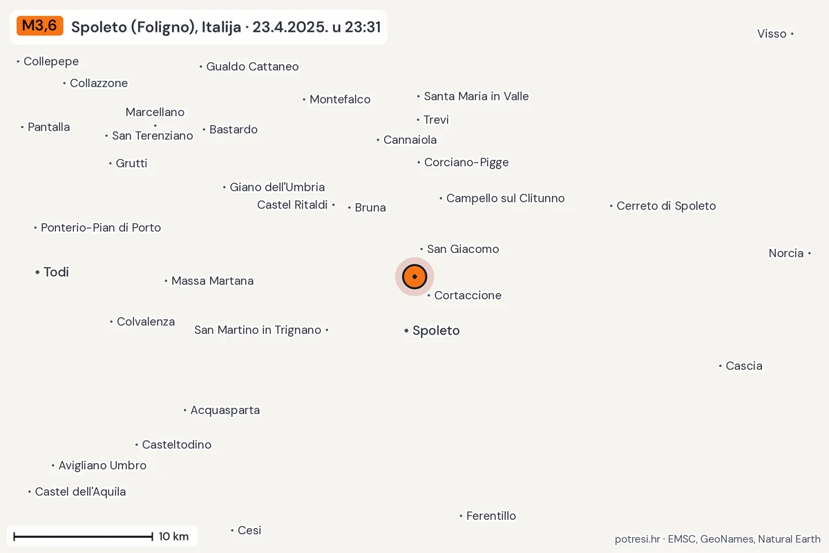 Karta: okolica epicentra, 60 km, potres M3,6, Spoleto (Foligno), Italija, 23.4.2025.