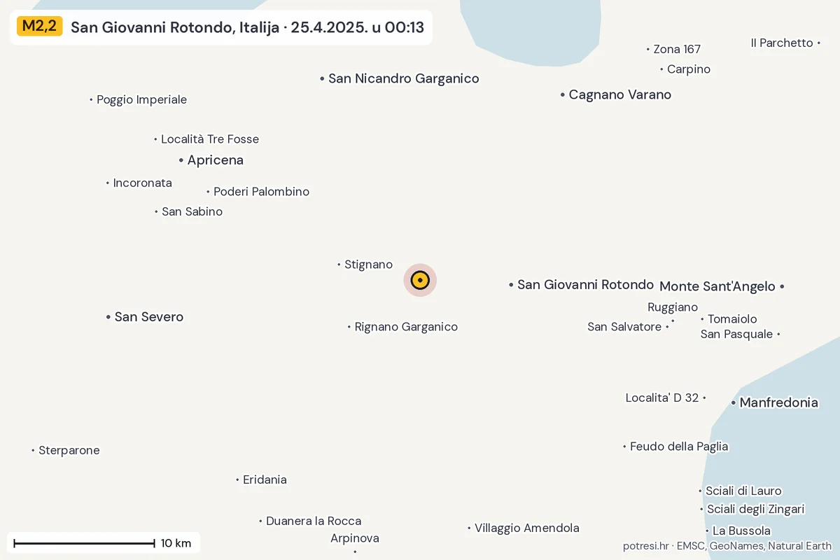 Karta: okolica epicentra, 60 km, potres M2,2, San Giovanni Rotondo, Italija, 25.4.2025.
