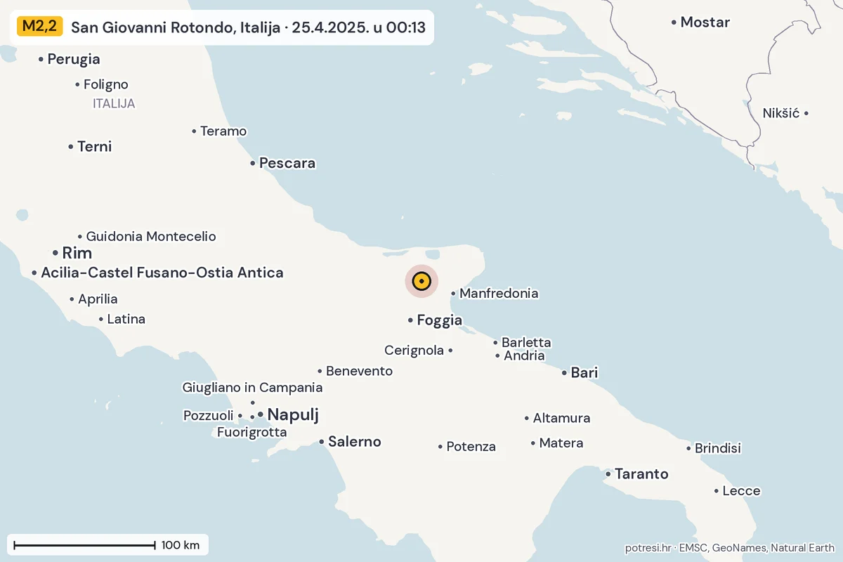 Karta: šire područje, 600 km, potres M2,2, San Giovanni Rotondo, Italija, 25.4.2025.